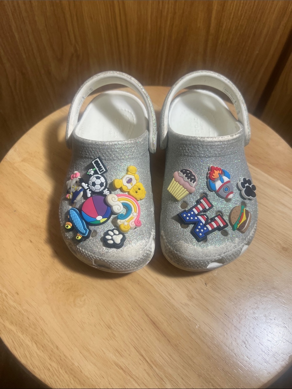 CROCS Kids Glittery Silver Clog Sandals with Colorful Jibbitz Charms